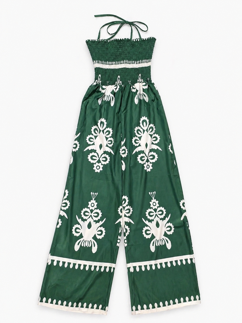 Women's Green Smocked Strapless Jumpsuit with White Print